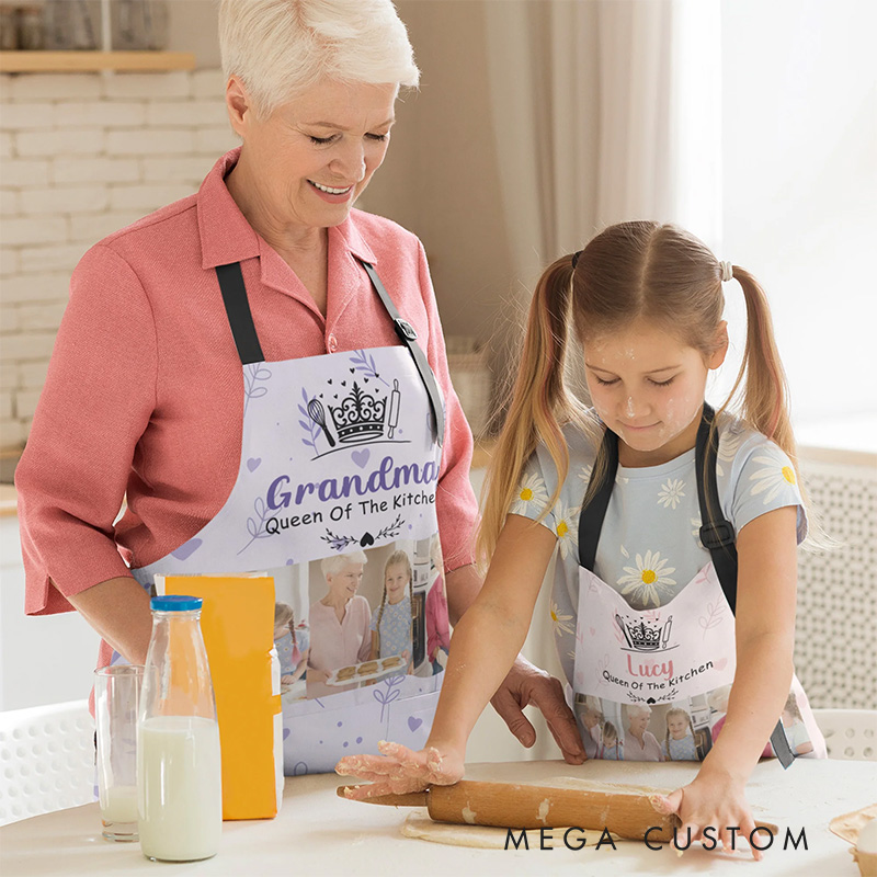 Personalized Crown Heart-Shaped Prints 3 Photos Waterproof Adjustable Apron with Name and Pockets Mother's Day Birthday Gift for Mom Grandma