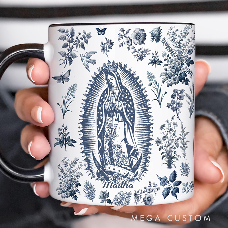 Personalized Our Lady of Guadalupe 11oz Ceramic Mug with Name French Toile Virgin Mary Catholic Mug Religious Marian Coffee Cup Catholic Gift