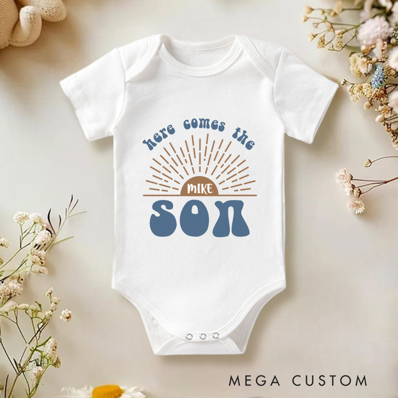 Personalized Here Comes The Son Baby Onesie Retro Announcement Gift