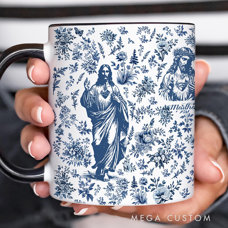 Personalized Sacred Heart of Jesus 11oz Ceramic Mug with Name Blue Toile Coffee Cup Christian Prayer Faith Tea Mug Catholic Gift for Mom or Grandma