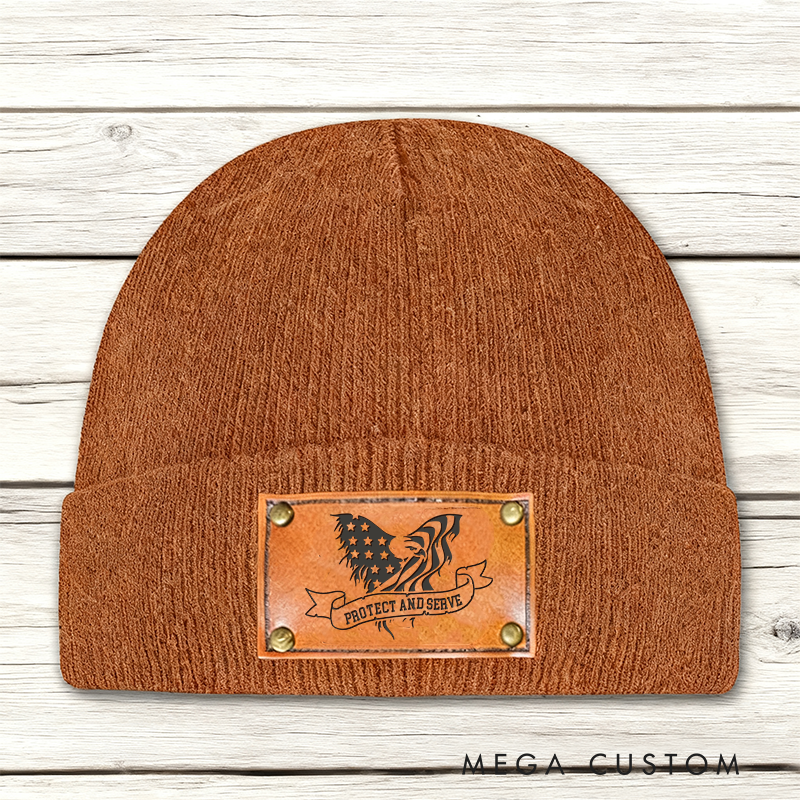 Personalized Protect and Serve Beanie Eagle Leather Patch Design Thoughtful Gift for Law Enforcement Officers