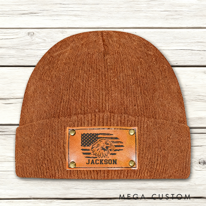 Personalized Eagle Design Beanie with Custom Name and Leather Patch Thoughtful Gift for Law Enforcement Officers
