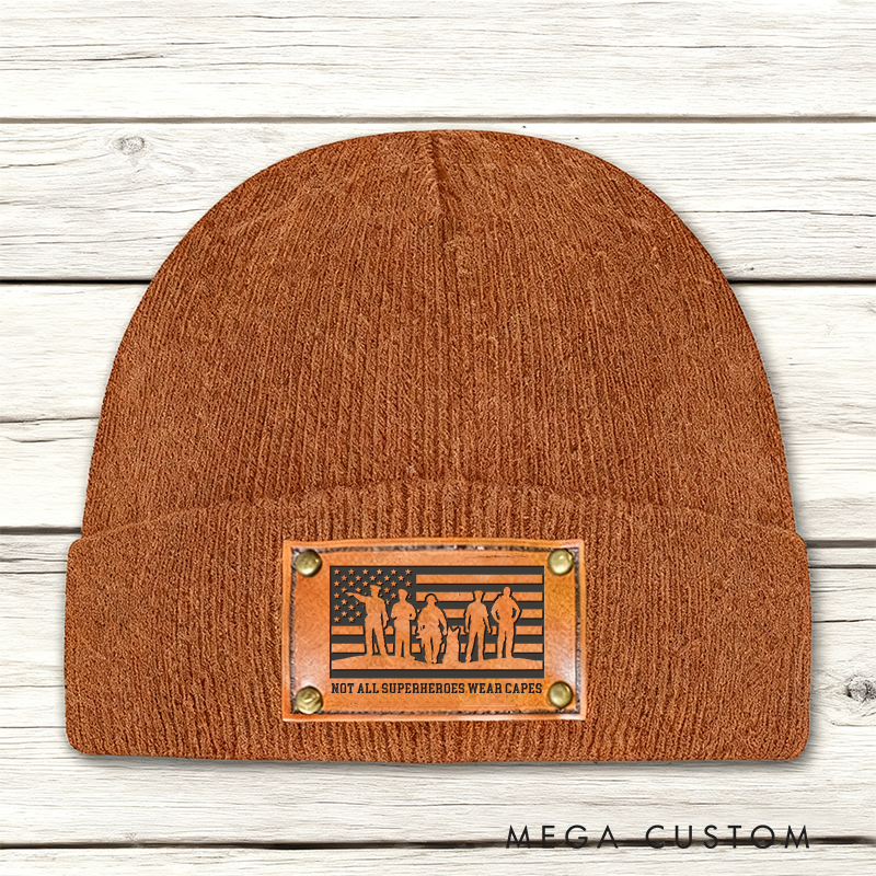 Personalized Custom text Beanie with Leather Patch Design Unique Gift for Police Officer 