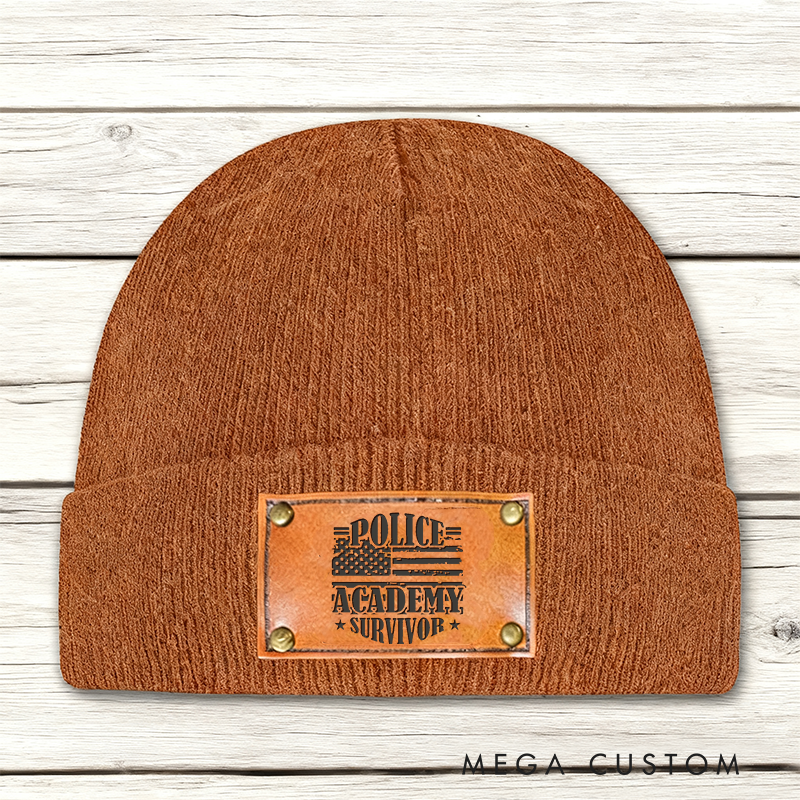 Personalized Police Academy Survivor Beanie with Leather Patch Design Unique Gift for Law Enforcement Graduates