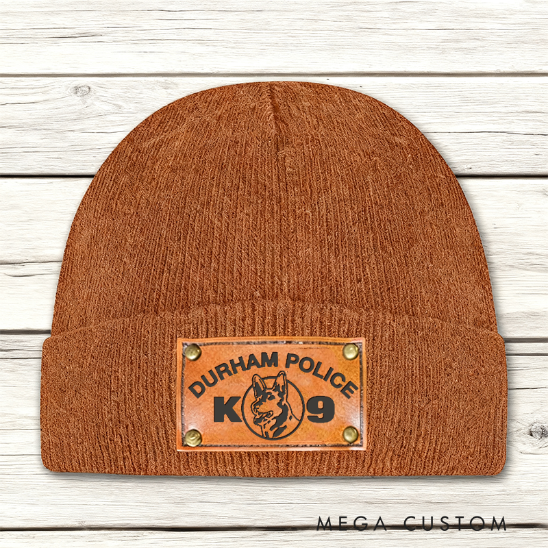 Personalized Police K9 Unit Beanie with Leather Patch Design Custom Gift for Law Enforcement and Dog Handlers