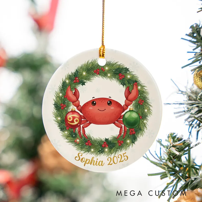 Personalized Cancer Christmas Ornament Ceramic Zodiac Crab Christmas Decoration Astrology Holiday Keepsake With Name Birthday Gift