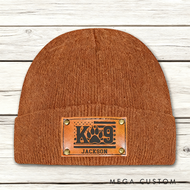 Personalized K9 Unit Beanie Leather Patch Design Unique Gift for Dog Handlers and Law Enforcement