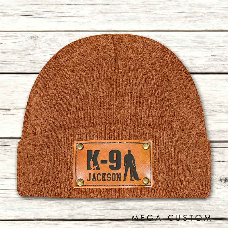 Personalized K9 Unit Beanie Leather Patch Design Unique Gift for Dog Handlers and Law Enforcement