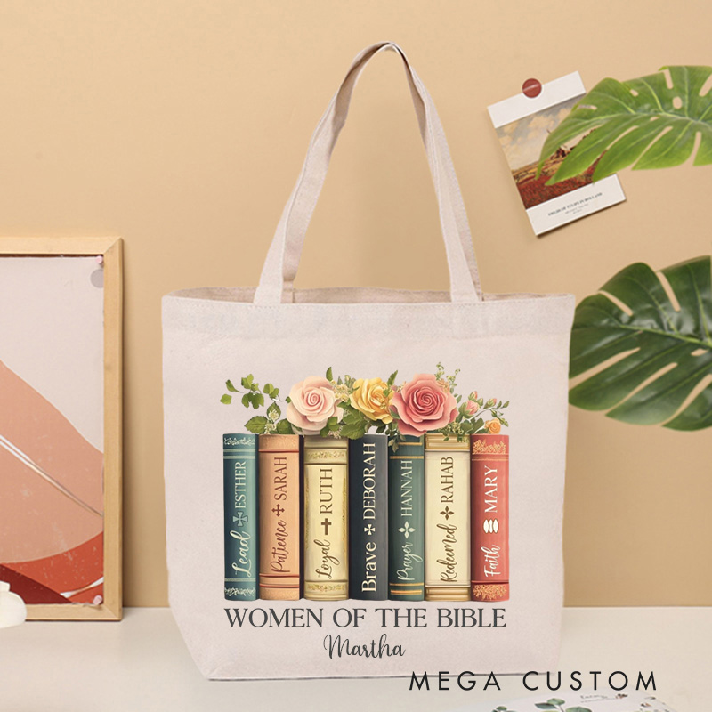 Personalized Women of the Bible Canvas Tote Bag with Name Church Bible Study Daily Use Floral Christian Book Tote Birthday Religious Gift for Women