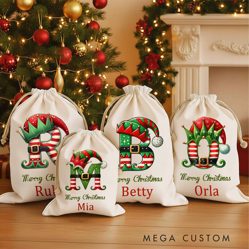 Personalized Santa Sack with Custom Name Holiday Gift Bag for Kids Family Christmas Elf Hat Initial Name Gift Bag 
