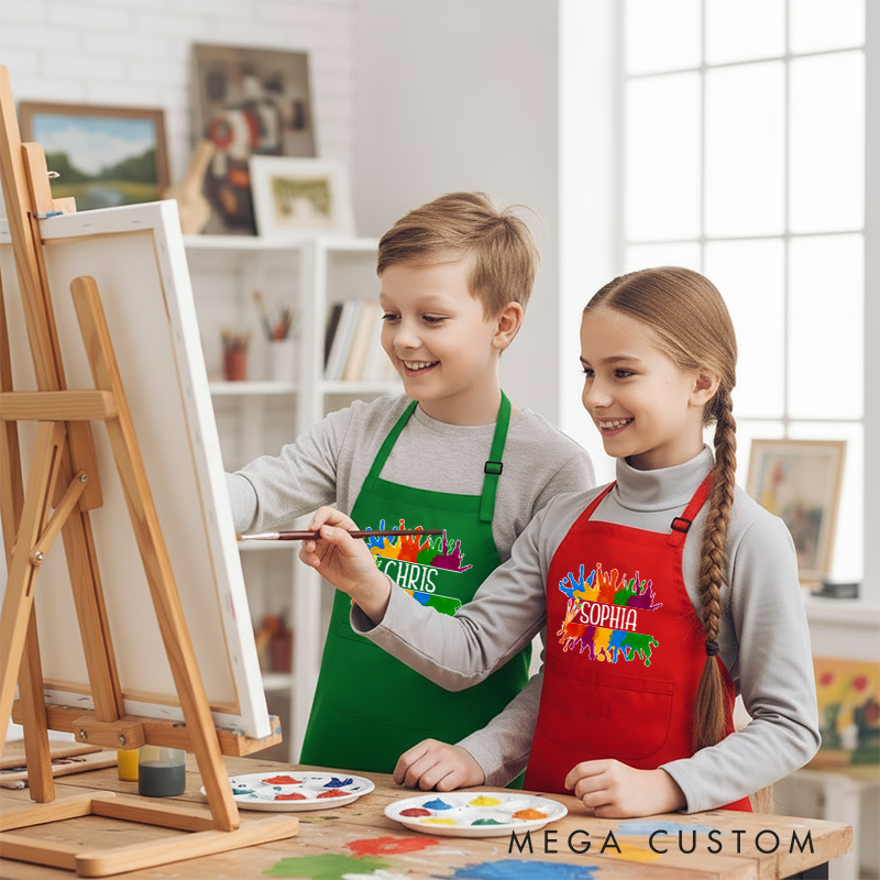 Personalized Vibrant Paint Splash Kids Art Apron Art Party Apron Chef Hat Set with Name Cooking Handcraft Activities Birthday Holiday Gift for Kids