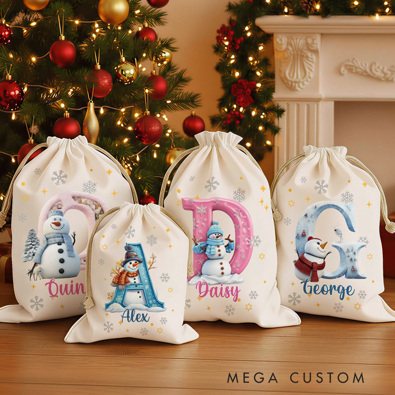 Personalized Snowman Christmas Gift Bag Custom Initial & Name Holiday Sack