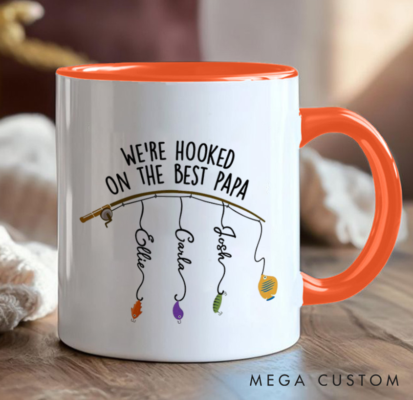 Personalized Fishing Themed Mug Hooked on the Best Mug Fathers Day Gift Cusrtom Kids' Names Perfect Gift for Dad Father’s Day or Birthday