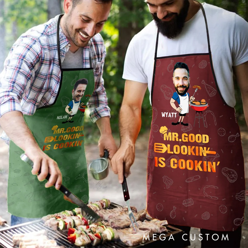 Personalized Funny MR. GOOD LOOKIN Face Photo Barbecue Waterproof Adjustable Men's Apron with Name Father's Day Birthday Gift for Man BBQ Master