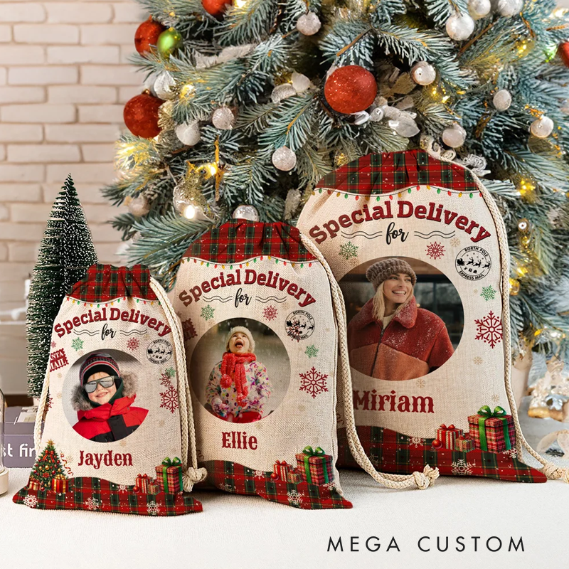 Personalized Christmas Tree Snowflake Checkered Christmas Gift Bag with Name and Photo Christmas Gift for Boys Girls