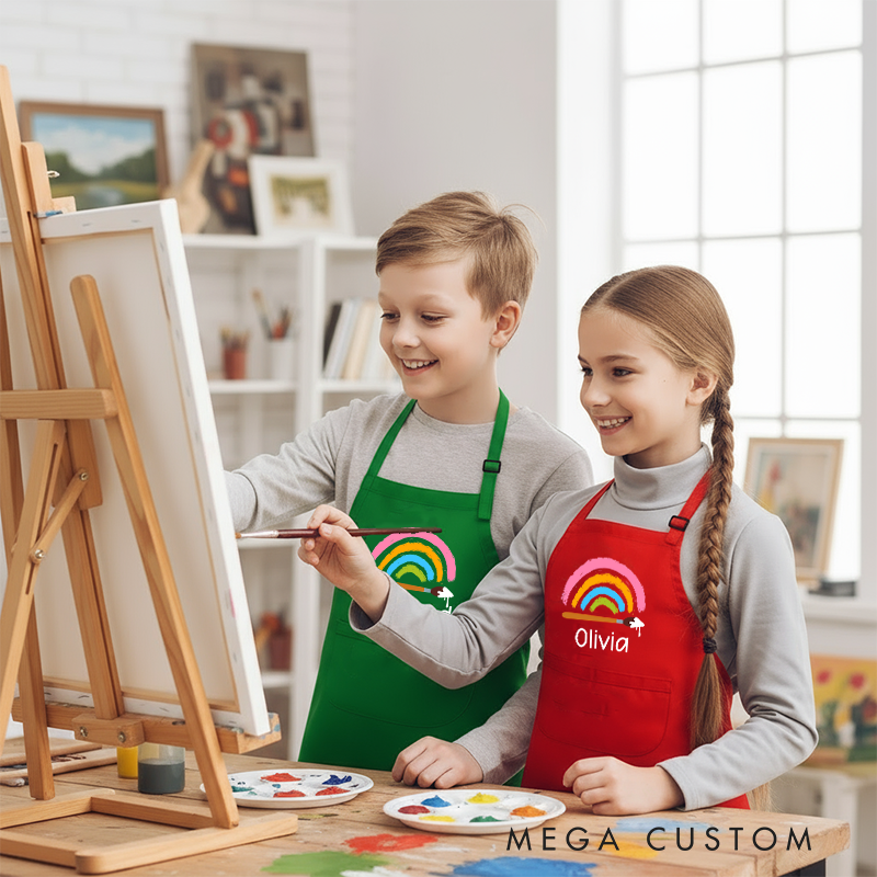 Personalized Art Rainbow Kids Art Apron Art Party Apron Chef Hat Set with Name Cooking Handcraft Activities Birthday Holiday Gift for Kids