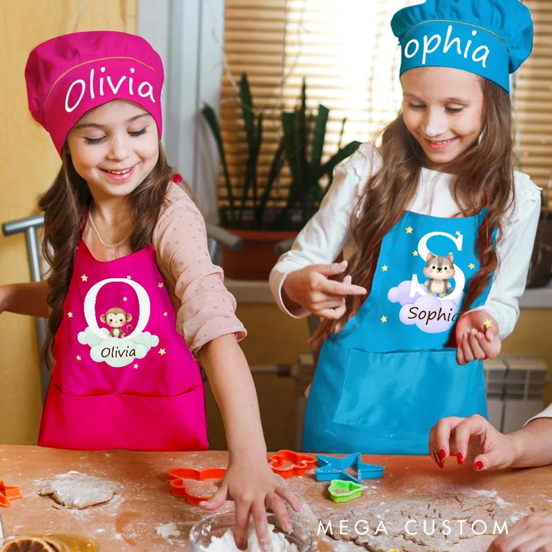 Personalized Cute Forest Animal Panda Elephant Adjustable Kid Apron Chef Hat Set with Name and Initial Handcraft Activities Birthday Gift for Kids