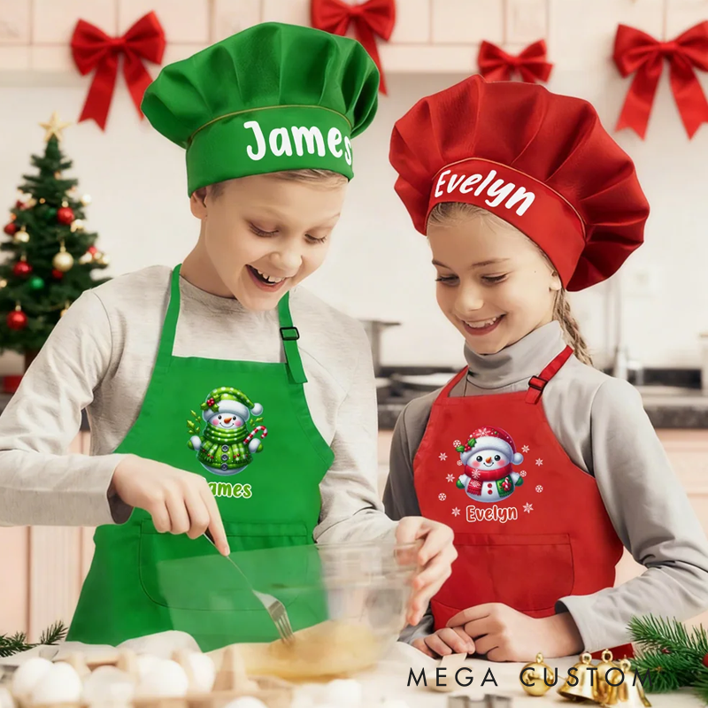 Personalized Cute Christmas Snowman Adjustable Kid Apron Chef Hat Set with Name and Pocket for Cooking Holiday Christmas Gift for Boys Girls