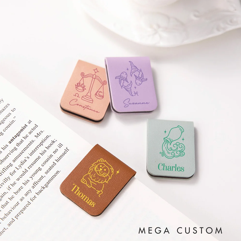 Personalized Hand-Drawn Style Zodiac Sign Magnetic Leather Bookmark Clip with Name Reading Stationary Supplies Birthday Gift for Book Lovers