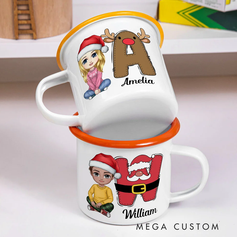 Personalized Santa Elf Reindeer Snowman Initial Cartoon 12oz Colored Rim Enamel Mug with Name Christmas Festival Gift for Kids Family