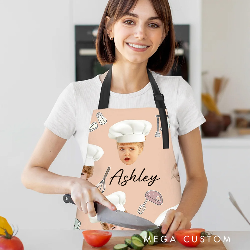 Personalized Cute 1-3 Chef Hat Photos Avatar Apron with Adjustable Neck Strap Baking Apron with Name for Family Baking Lover