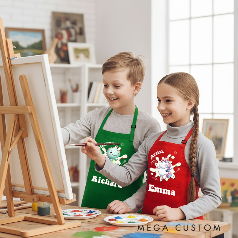 Personalized Cartoon Animal Kids Art Apron Fantasy Unicorn Kid Apron Hat Set with Name Cooking Handcraft Activities Birthday Holiday Gift for Kids
