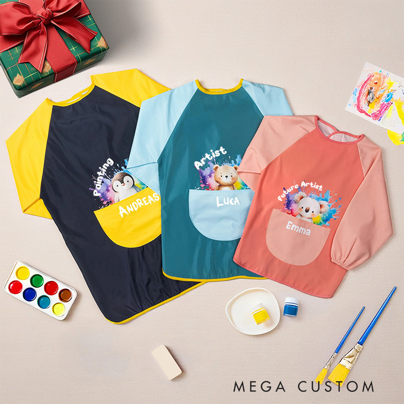 Personalized Watercolor Animal Kids Art Apron Long Sleeve Kid Apron with Name Painting Handcraft Activities Birthday Holiday Gift for Kids