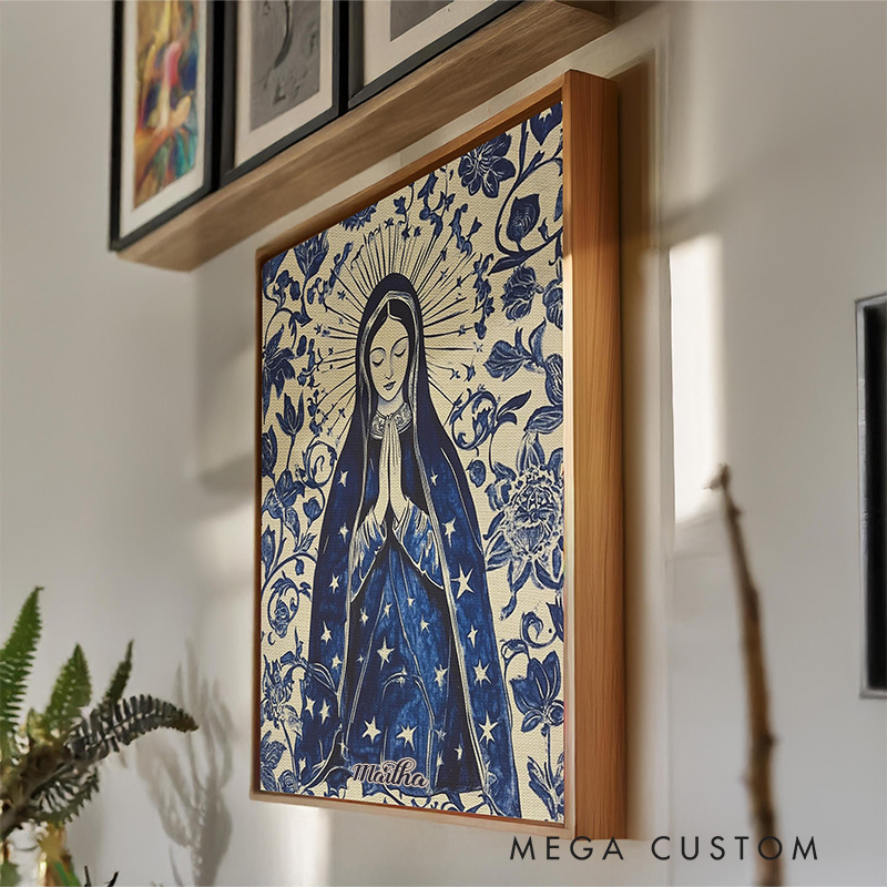 Personalized Our Lady of Guadalupe Frameless Canvas Painting with Name Vintage Blue Beige Catholic Canvas Spiritual Virgin Mary Wall Decor for Prayer