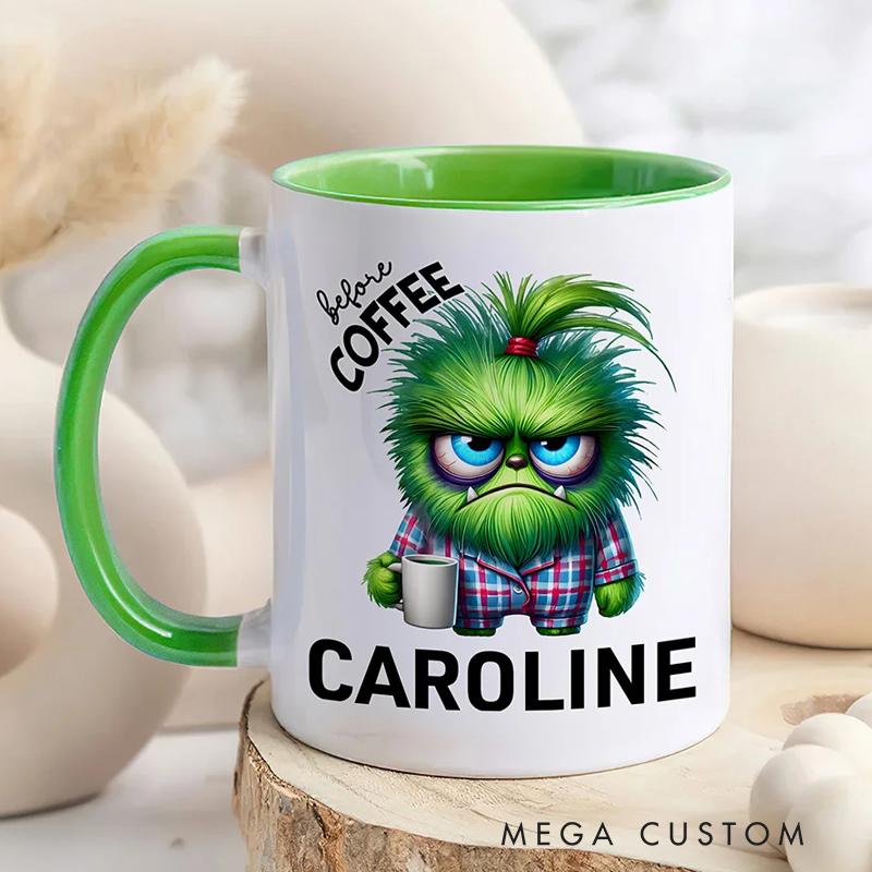 Personalised Cartoon Character Animal Before Coffee Caffeinated 11oz Ceramic Mug with Name Office Birthday Gift for Coffee Lover 