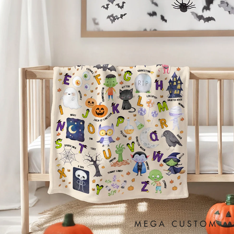 Personalized Funny Halloween Alphabet Soft Throw Blanket with Name Home Decor Educated Halloween Gift for Baby Toddlers
