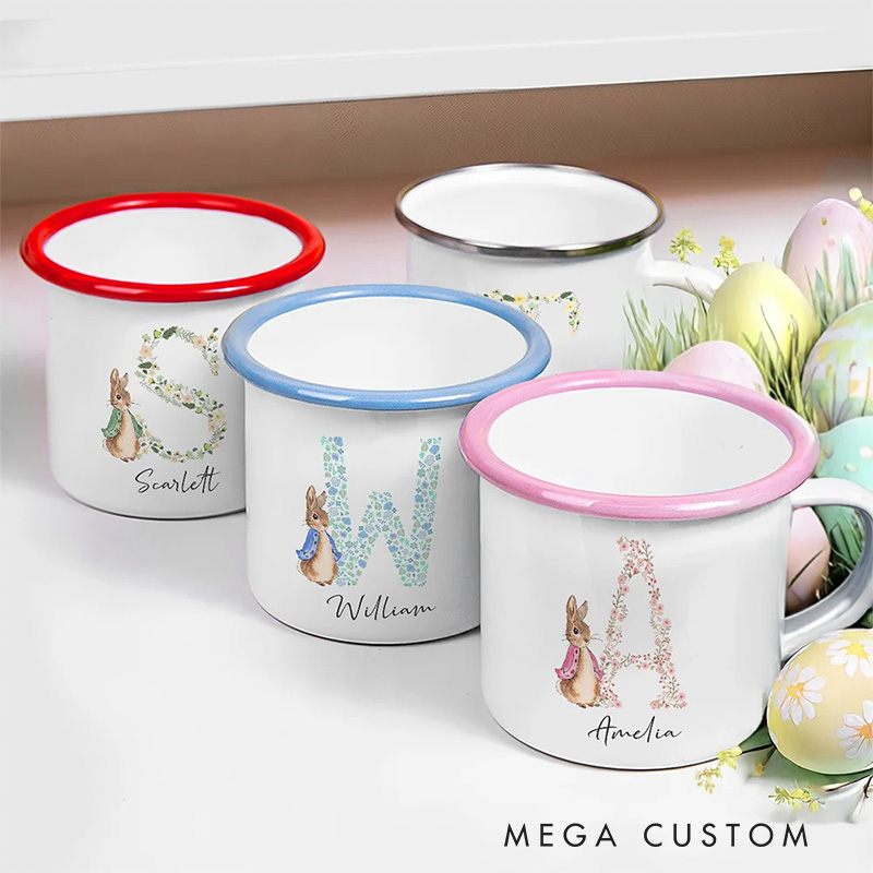 Personalized Flora Cute Rabbit Bunny Enamel Mug with Initial and Name Back to School Birthday Easter Gift for Kids