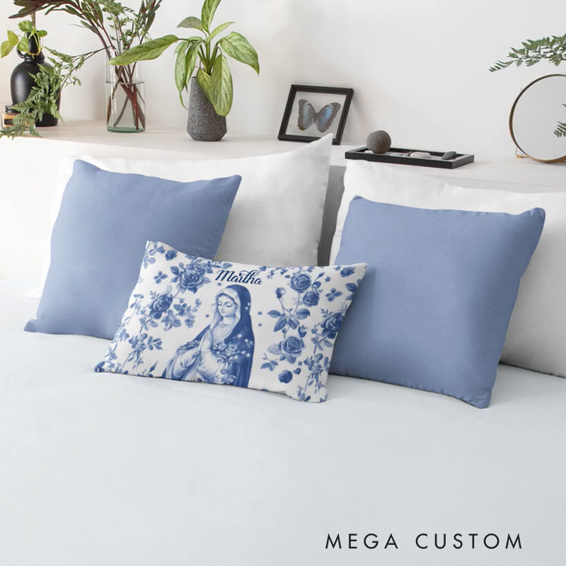 Personalized Virgin Mary Pillow with Name Religious Prayer Home Decor Blue Toile Style Catholic Lumbar Pillow Catholic Gifts for Women Mom