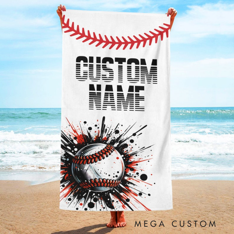 Personalized Baseball Beach Towel with Custom Name Number and Bold Baseball Design Perfect for Fans and Players