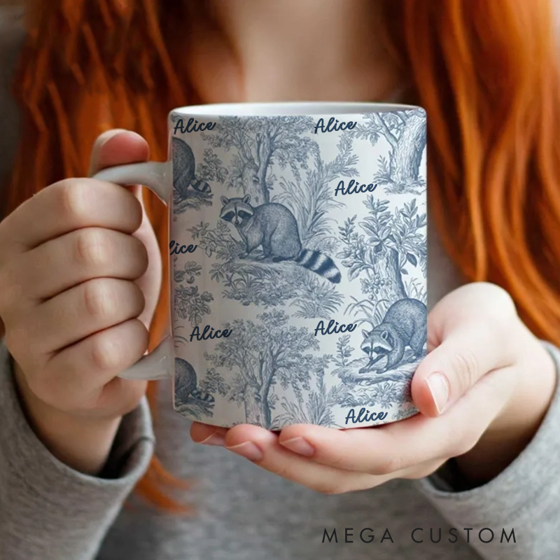Personalised Raccoon Toile de Jouy Mug Blue Country Gift