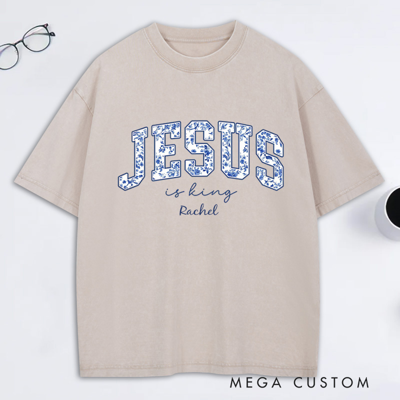 Personalized Jesus is King Toile Washed T-Shirt with Name Vintage Floral Christian Tee Religious Christian Gift