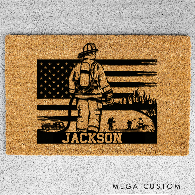 Personalized Firefighter Doormat with Custom Name and Heroic Design Gift for Firefighter Families