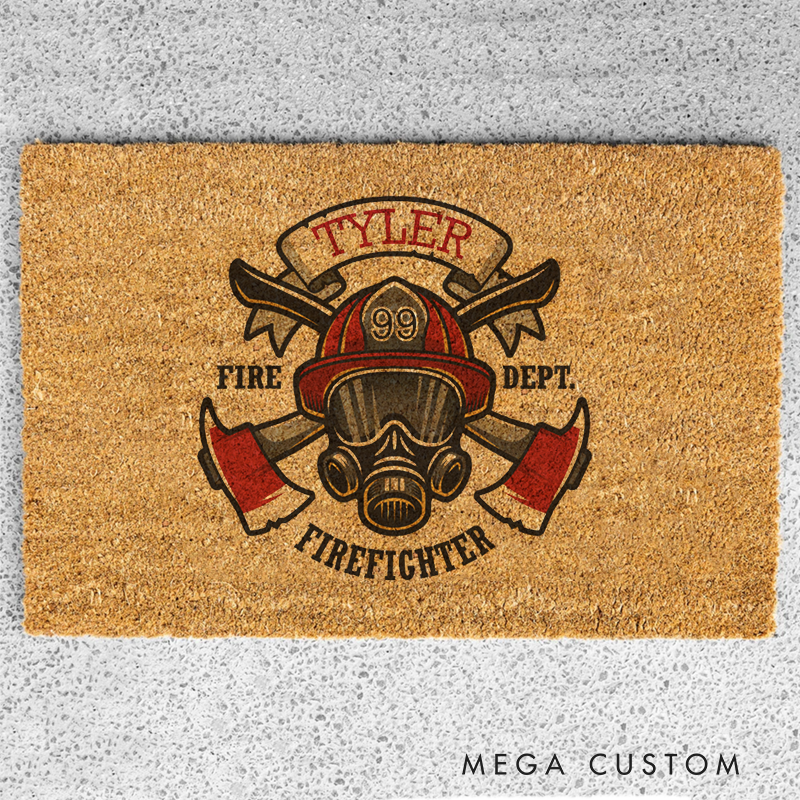 Personalized Firefighter Doormat with Custom Name and Firefighter Emblem Gift for Firefighter Families