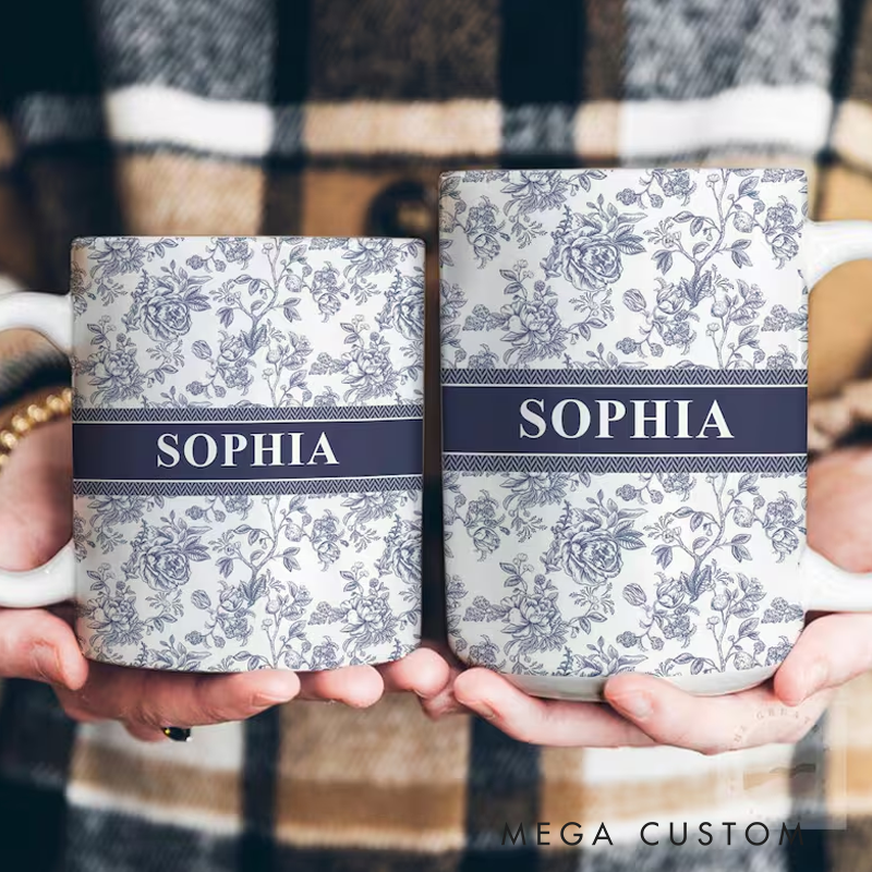 Personalised Name Toile De Jouy Ceramic Mug Birthday Gifts