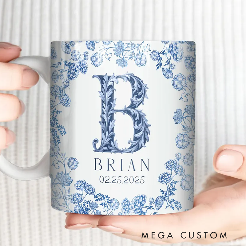 Personalized Monogram Mug Custom Name Mug Initial Letter Coffee Mug Blue Toile Mug 