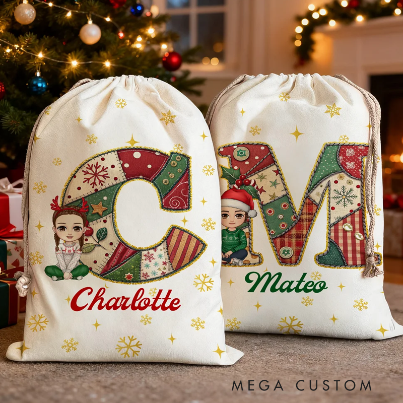Personalized Christmas Cartoon Character Initial Canvas Drawstring Bag with Name Christmas 