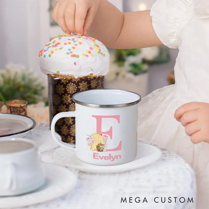 Personalized Cute Classic Bear Enamel Mug with Initial and Name Back to School Birthday Easter Gift for Kids