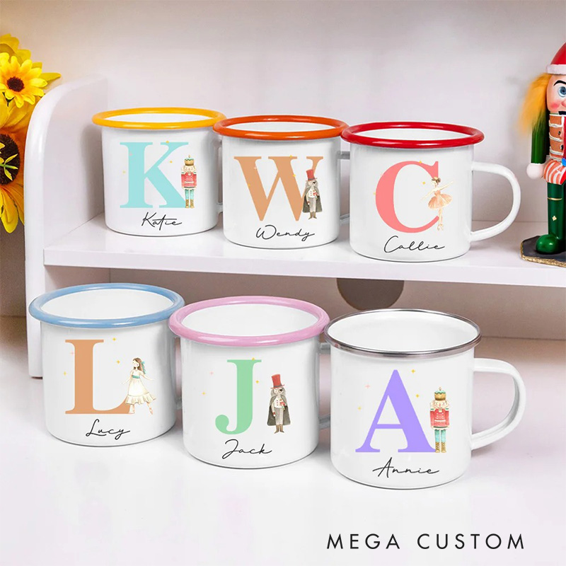 Personalized Cartoon Nutcracker Dance Lover Enamel Mug with Initial and Name Back to School Birthday Gift for Kids