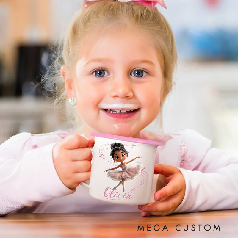 Personalized Cute Cartoon Ballet Girl Dance Lover Enamel Mug with Initial and Name Back to School Birthday Gift for Kids