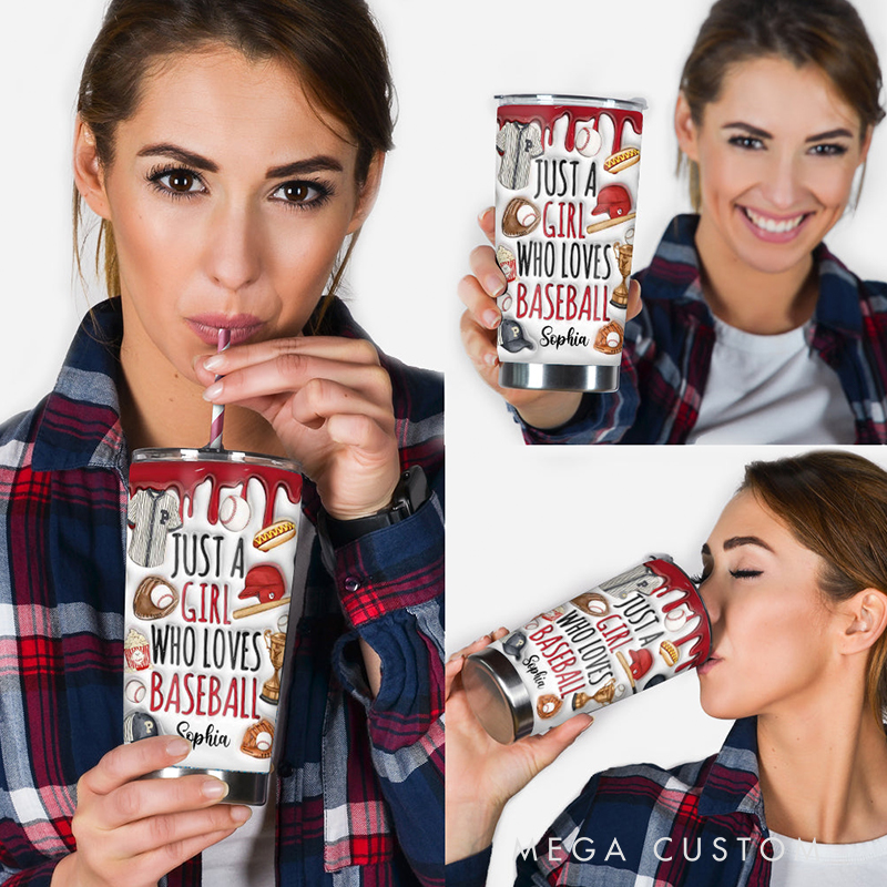 Personalized Baseball Tumbler with "Just a Girl Who Loves Baseball" Design and Custom Name