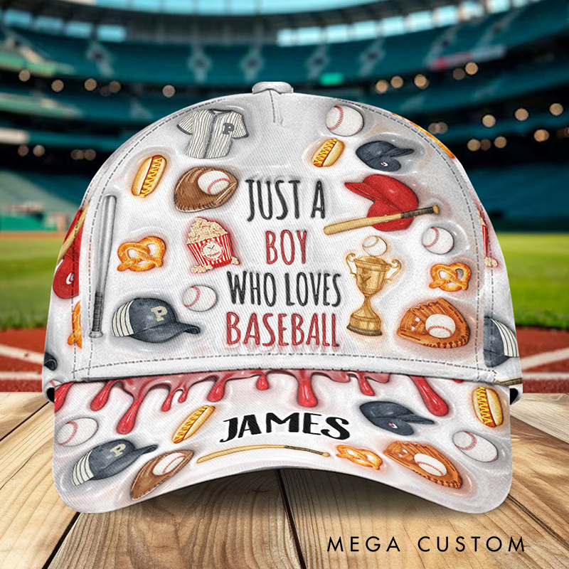 Personalized Baseball Cap with "Just a Boy Who Loves Baseball" Design and Custom Name