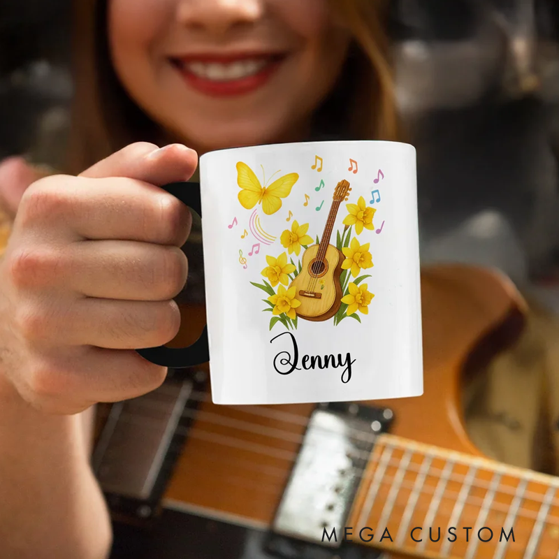 Personalized Guitar Birth Flower Butterfly Music Symbol 11 oz Ceramic Mug with Name Music Festivals Birthday Gift for Music Lovers