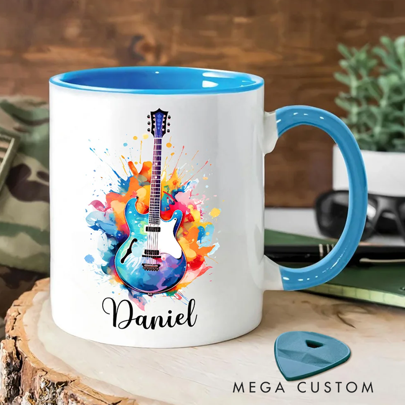 Personalized Colorful Splash Ink Guitar Theme 11oz Ceramic Mug with Name and Handle Birthday Gift for Guitar Players Lovers