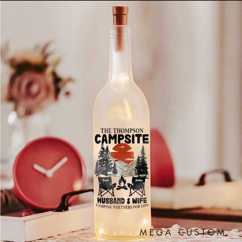 Personalized Bottle Lamp Husband & Wife Camping Partners Lighted Wine Bottle Lamp Gift for Couple Camping Lover