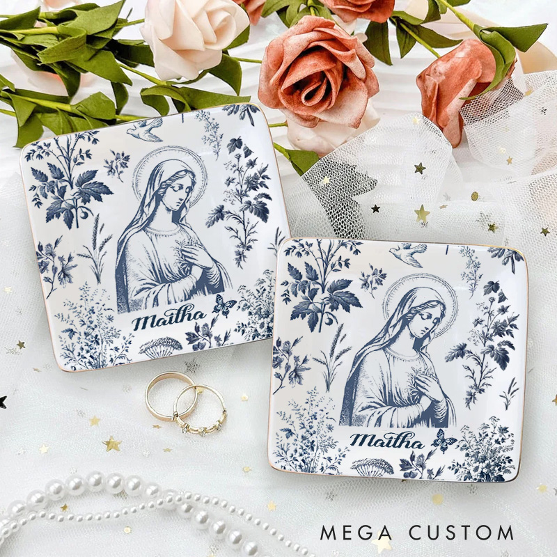 Personalized Catholic Virgin Mary Toile Ceramic Ring Dish with Name Our Lady Trinket Jewelry Dish Vintage Floral Marian Dish Christian Gift for Women