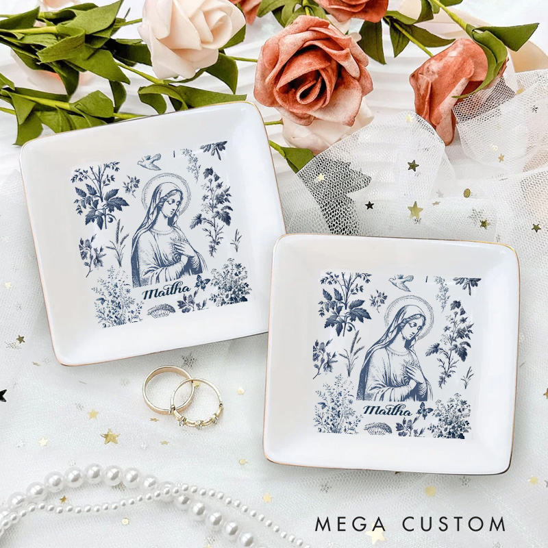 Personalized Catholic Virgin Mary Toile Ceramic Trinket Jewelry Dish with Name Our Lady Vintage Ring Dish Floral Marian Dish Christian Gift for Women